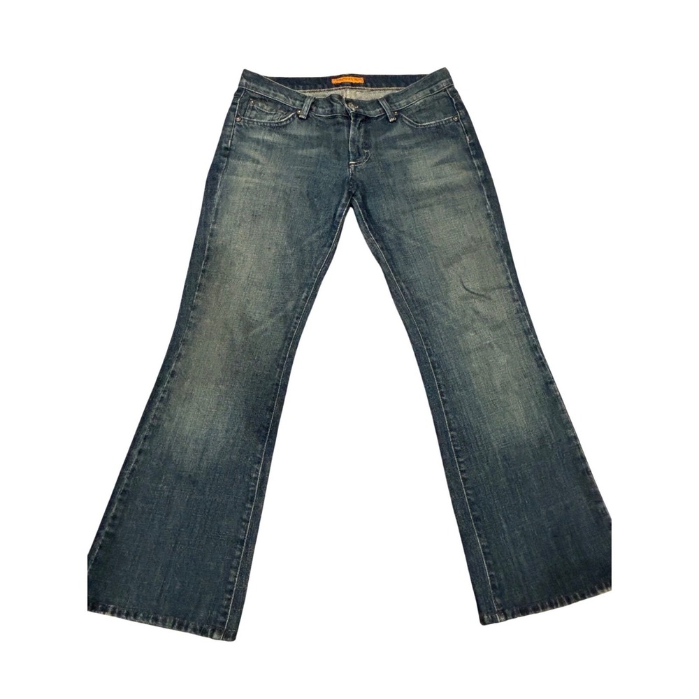 James Cured by Seun Womens low rise Flare Leg Jeans Blue Med Wash Sz 28 USA Y2K